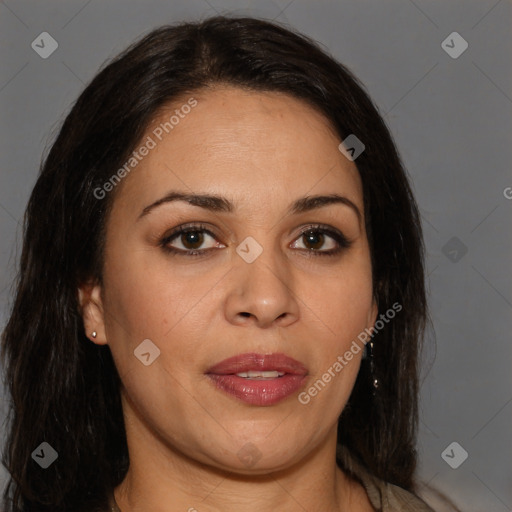 Joyful white adult female with medium  brown hair and brown eyes