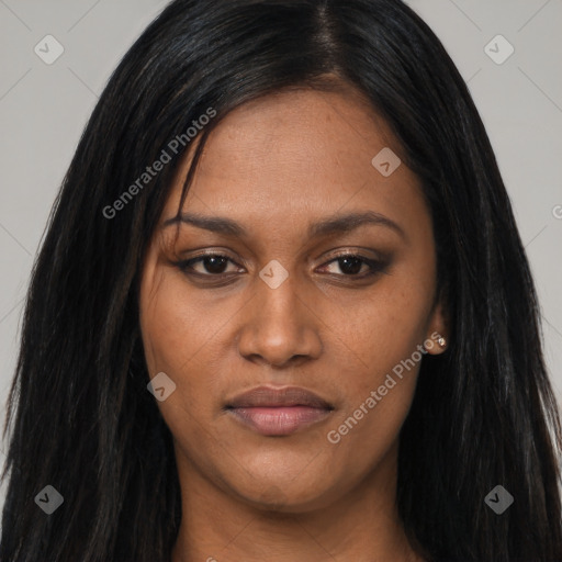 Joyful asian young-adult female with long  black hair and brown eyes