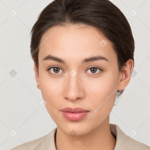 Neutral white young-adult female with short  brown hair and brown eyes