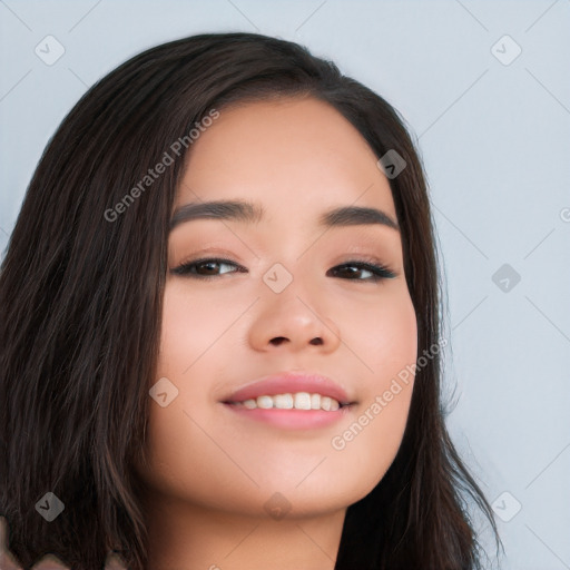 Joyful asian young-adult female with long  brown hair and brown eyes