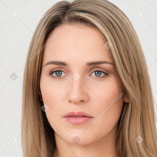 Neutral white young-adult female with long  brown hair and brown eyes