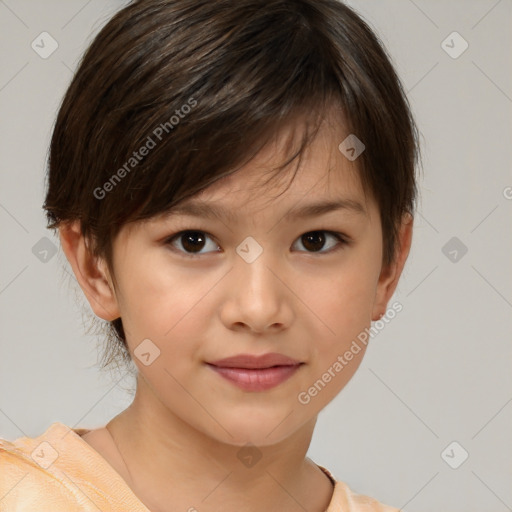 Joyful white child female with short  brown hair and brown eyes