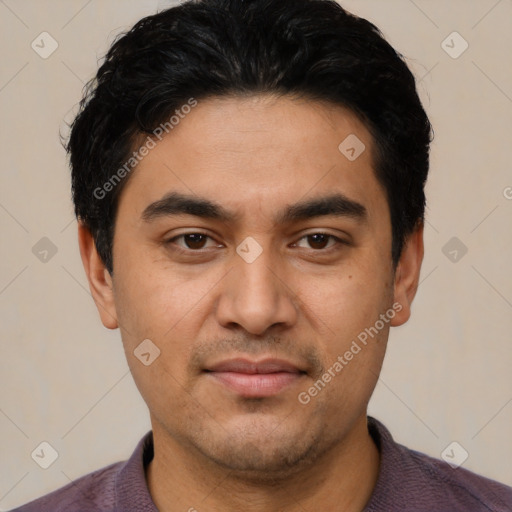 Joyful latino young-adult male with short  black hair and brown eyes