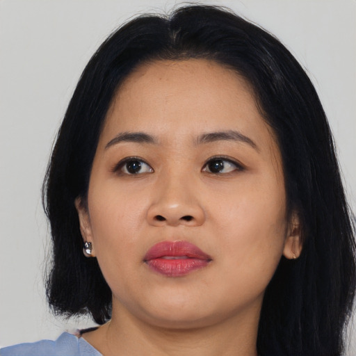Neutral asian young-adult female with long  black hair and brown eyes