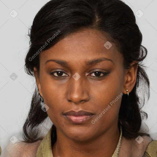 Neutral black young-adult female with medium  brown hair and brown eyes