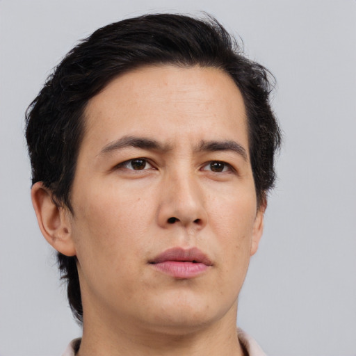 Neutral asian adult male with short  brown hair and brown eyes