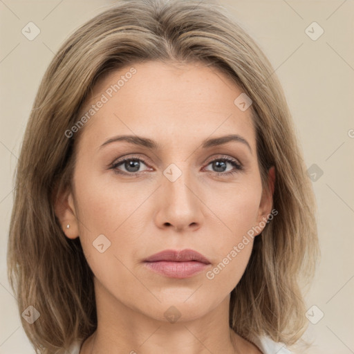 Neutral white young-adult female with medium  brown hair and green eyes