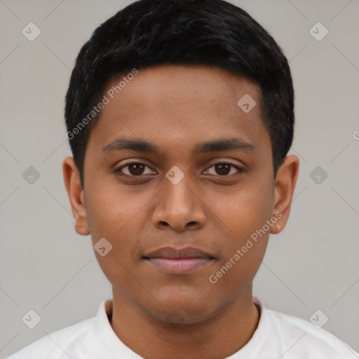 Neutral latino young-adult male with short  black hair and brown eyes