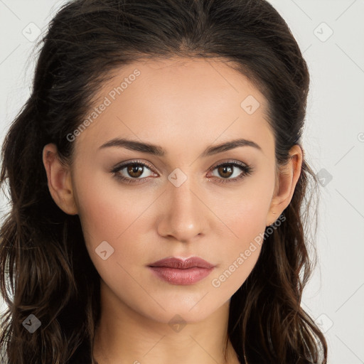 Neutral white young-adult female with long  brown hair and brown eyes