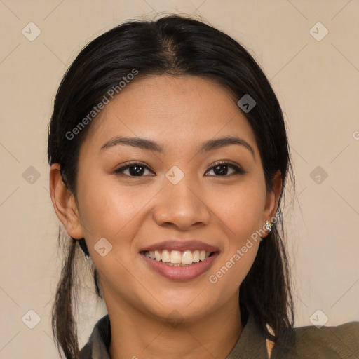 Joyful asian young-adult female with long  brown hair and brown eyes