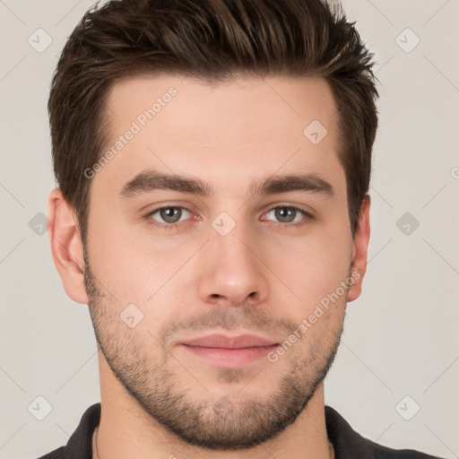 Neutral white young-adult male with short  brown hair and brown eyes