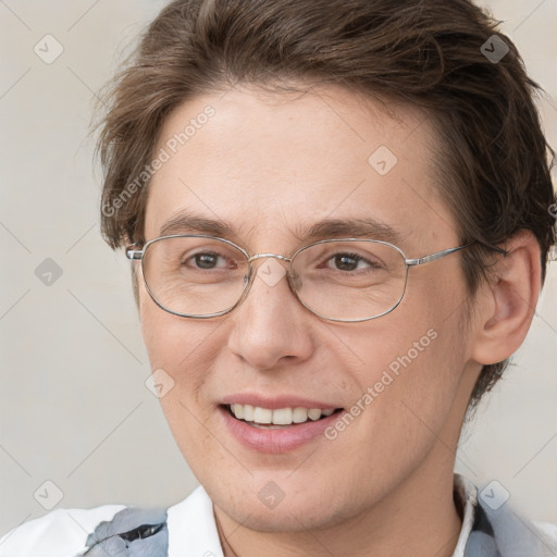 Joyful white adult female with short  brown hair and grey eyes