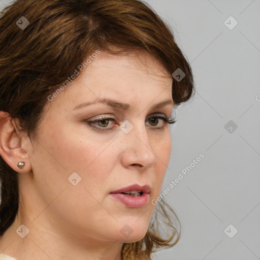 Neutral white young-adult female with medium  brown hair and green eyes