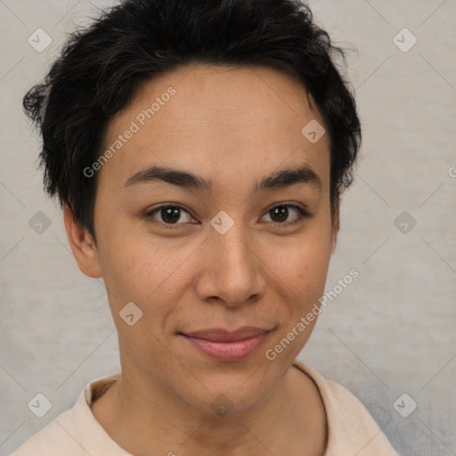 Joyful latino young-adult female with short  brown hair and brown eyes