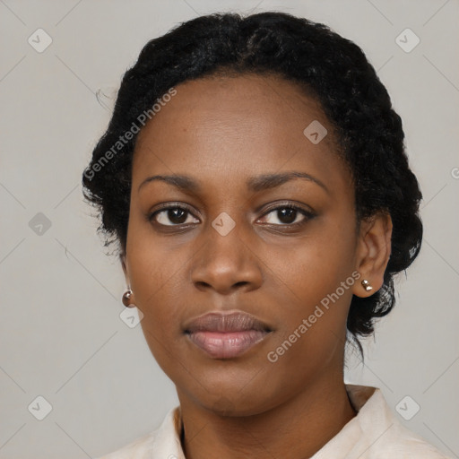 Neutral black young-adult female with short  black hair and brown eyes