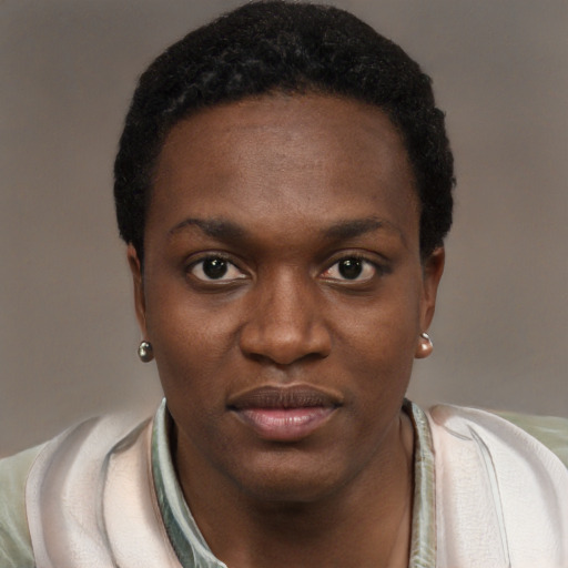 Neutral black young-adult female with short  black hair and brown eyes