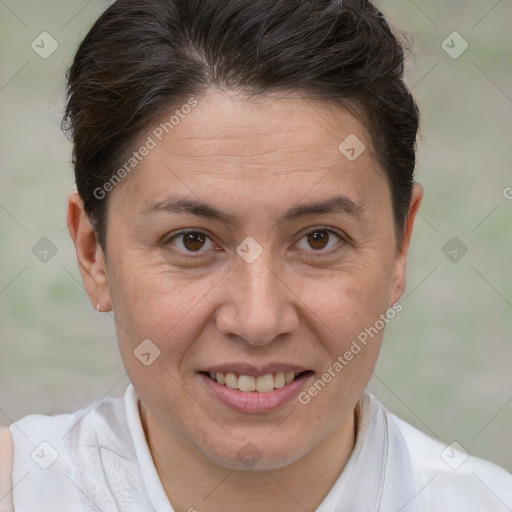 Joyful white adult female with short  brown hair and brown eyes