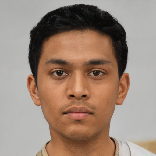 Neutral asian young-adult male with short  black hair and brown eyes