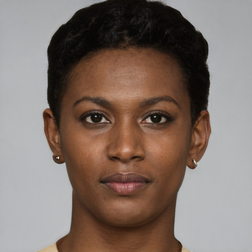 Neutral black young-adult female with short  brown hair and brown eyes