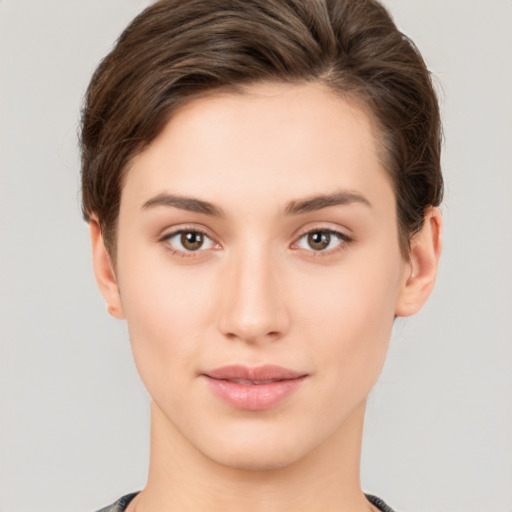 Neutral white young-adult female with short  brown hair and brown eyes