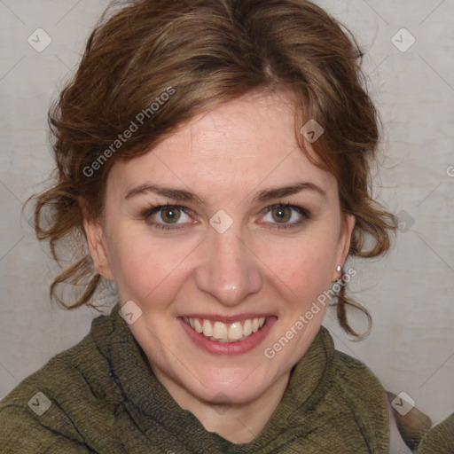 Joyful white young-adult female with medium  brown hair and blue eyes