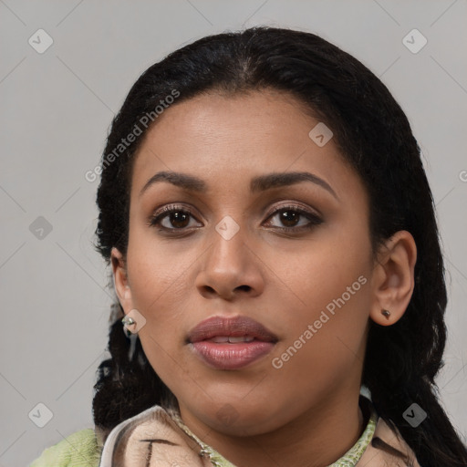 Joyful latino young-adult female with medium  black hair and brown eyes