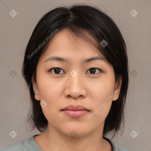 Neutral asian young-adult female with medium  brown hair and brown eyes