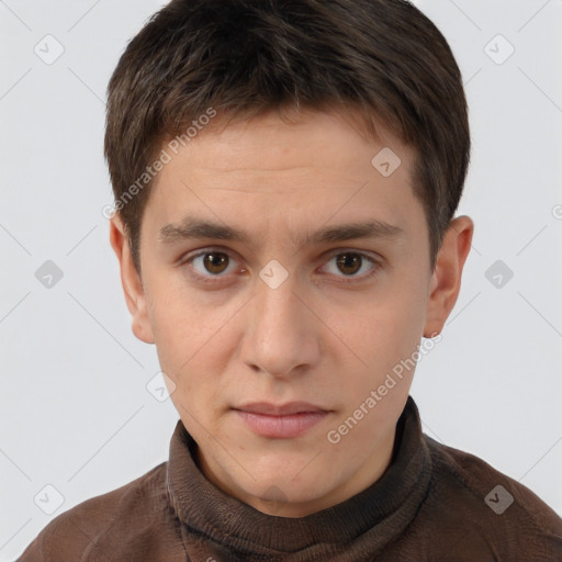 Neutral white young-adult male with short  brown hair and brown eyes