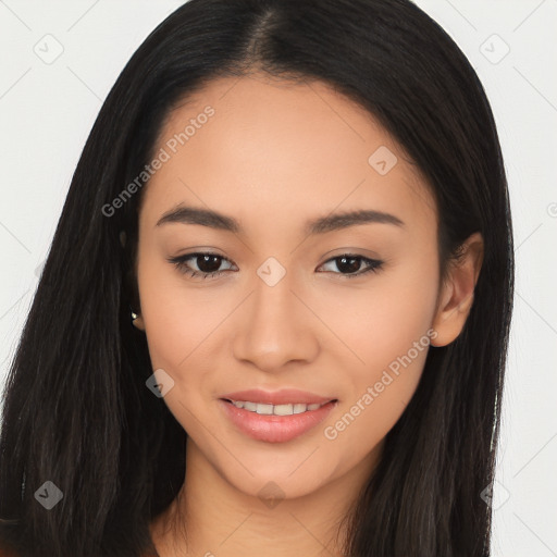 Joyful latino young-adult female with long  brown hair and brown eyes