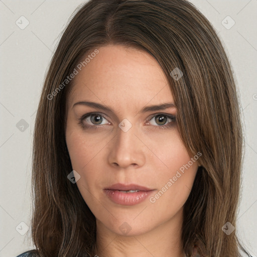 Neutral white young-adult female with long  brown hair and green eyes