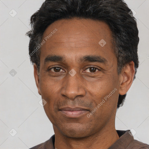 Neutral black adult male with short  black hair and brown eyes