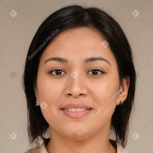 Joyful asian young-adult female with medium  brown hair and brown eyes