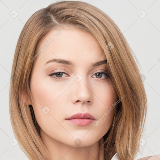 Neutral white young-adult female with medium  brown hair and brown eyes