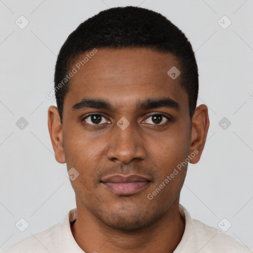 Neutral black young-adult male with short  black hair and brown eyes