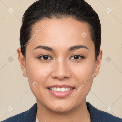 Joyful white young-adult female with short  brown hair and brown eyes