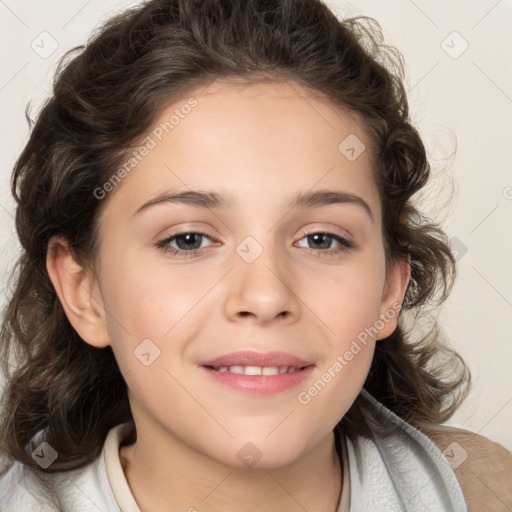 Joyful white child female with medium  brown hair and brown eyes