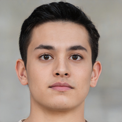 Neutral asian young-adult male with short  brown hair and brown eyes