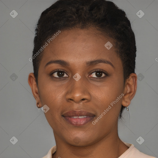 Joyful black young-adult female with short  brown hair and brown eyes
