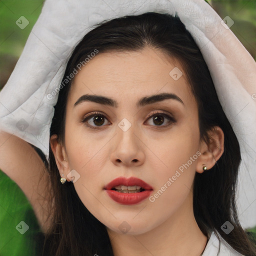 Joyful asian young-adult female with medium  brown hair and brown eyes