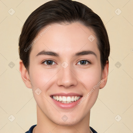 Joyful white young-adult female with short  brown hair and brown eyes