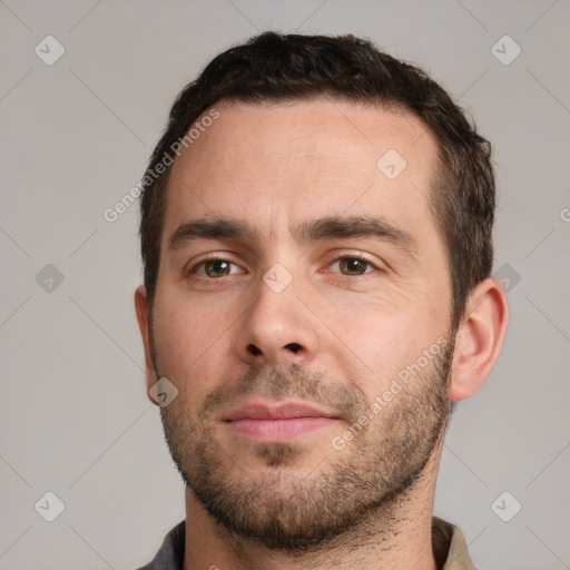 Neutral white young-adult male with short  brown hair and brown eyes