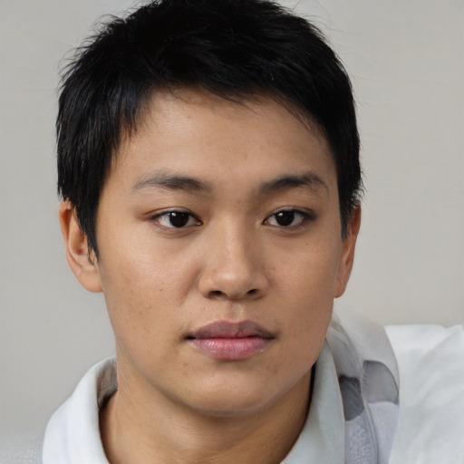 Neutral asian young-adult male with short  brown hair and brown eyes