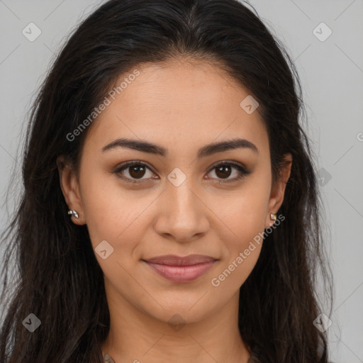 Joyful latino young-adult female with long  brown hair and brown eyes