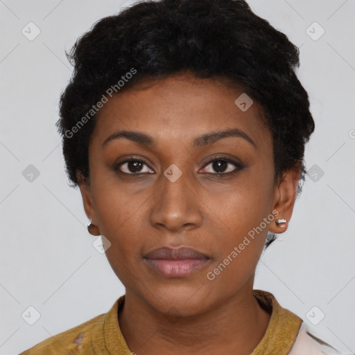 Neutral black young-adult female with short  black hair and brown eyes