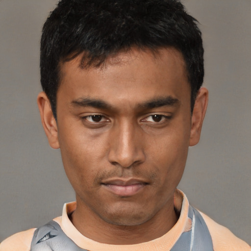 Neutral asian young-adult male with short  black hair and brown eyes