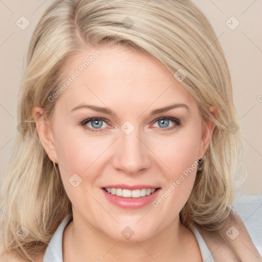 Joyful white young-adult female with medium  brown hair and blue eyes