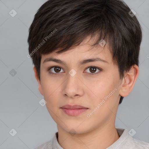 Neutral white young-adult female with short  brown hair and brown eyes