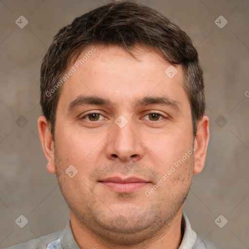 Neutral white young-adult male with short  brown hair and brown eyes