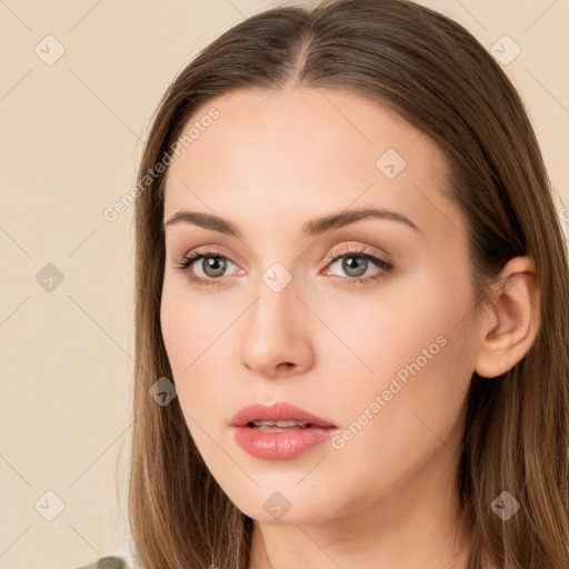 Neutral white young-adult female with long  brown hair and brown eyes