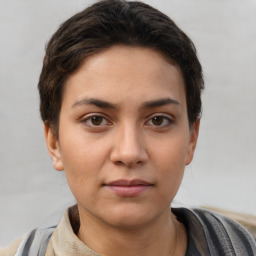 Neutral white young-adult female with short  brown hair and brown eyes